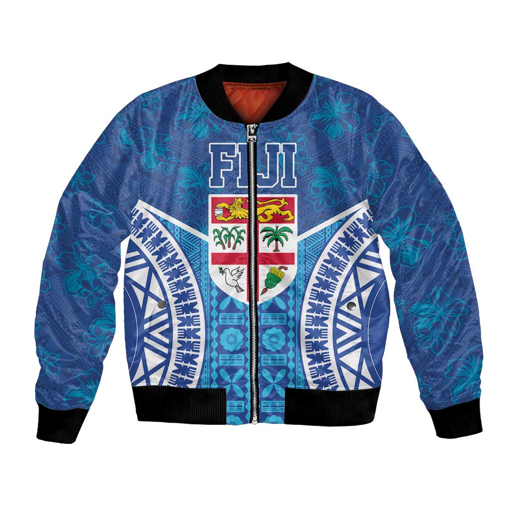 Fiji Day Bomber Jacket Fijian Masi Tribal Hibiscus Tattoo and Tapa Pattern LT03 Unisex Blue - Polynesian Pride