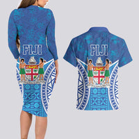 Fiji Day Couples Matching Long Sleeve Bodycon Dress and Hawaiian Shirt Fijian Masi Tribal Hibiscus Tattoo and Tapa Pattern LT03 - Polynesian Pride
