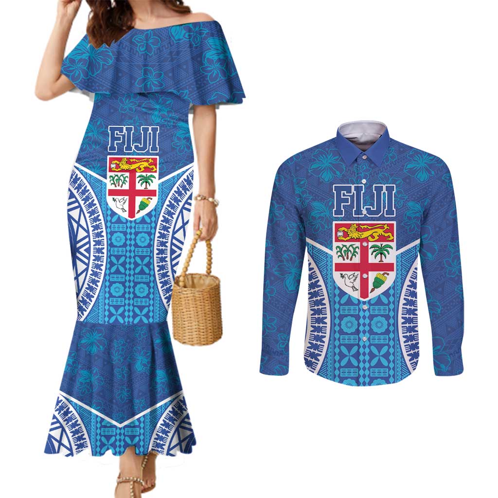 Fiji Day Couples Matching Mermaid Dress and Long Sleeve Button Shirt Fijian Masi Tribal Hibiscus Tattoo and Tapa Pattern LT03 Blue - Polynesian Pride