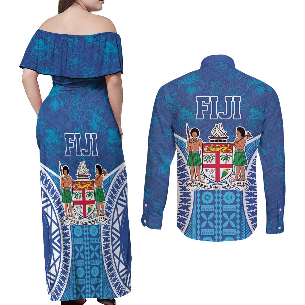 Fiji Day Couples Matching Off Shoulder Maxi Dress and Long Sleeve Button Shirt Fijian Masi Tribal Hibiscus Tattoo and Tapa Pattern LT03 - Polynesian Pride
