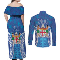 Fiji Day Couples Matching Off Shoulder Maxi Dress and Long Sleeve Button Shirt Fijian Masi Tribal Hibiscus Tattoo and Tapa Pattern LT03 - Polynesian Pride