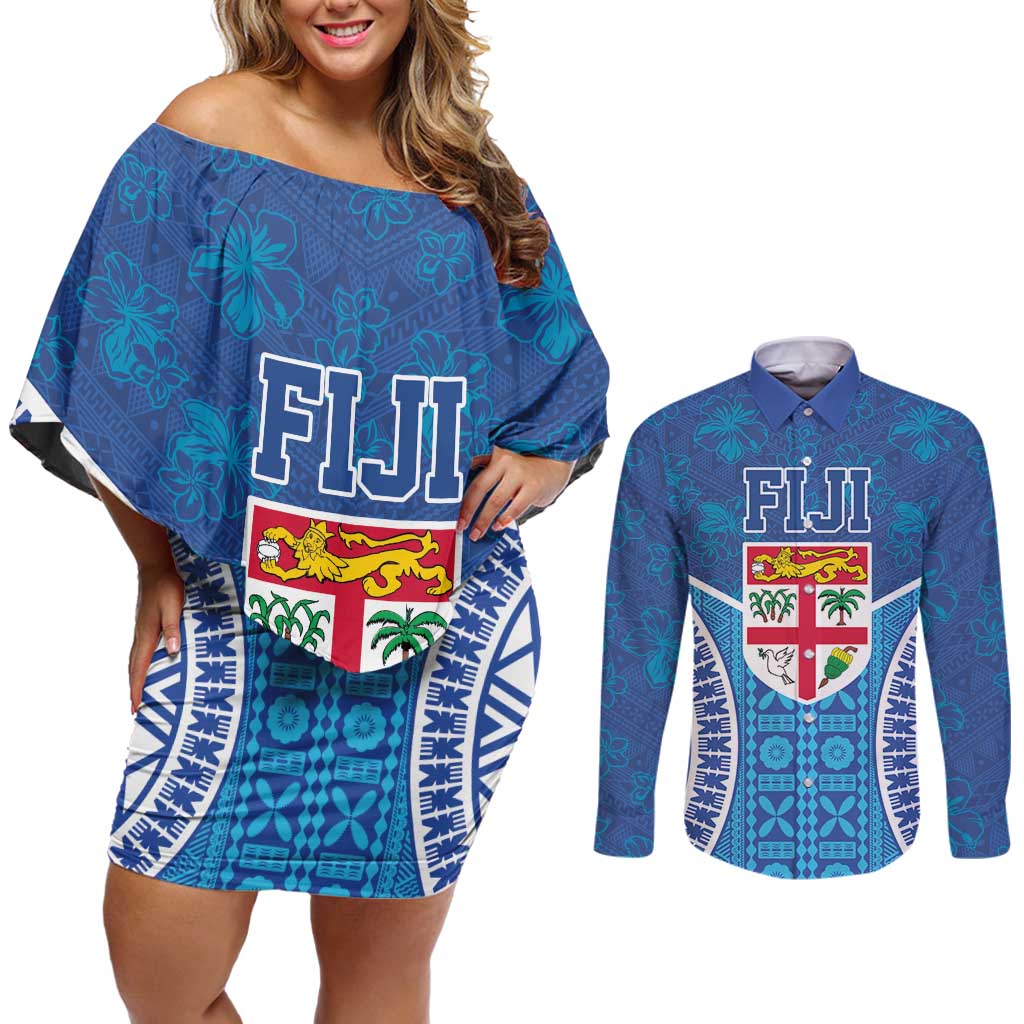Fiji Day Couples Matching Off Shoulder Short Dress and Long Sleeve Button Shirt Fijian Masi Tribal Hibiscus Tattoo and Tapa Pattern LT03 Blue - Polynesian Pride