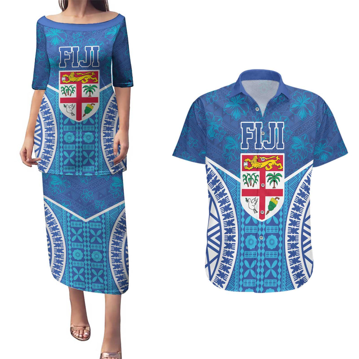 Fiji Day Couples Matching Puletasi and Hawaiian Shirt Fijian Masi Tribal Hibiscus Tattoo and Tapa Pattern LT03 Blue - Polynesian Pride