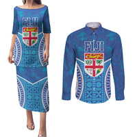 Fiji Day Couples Matching Puletasi and Long Sleeve Button Shirt Fijian Masi Tribal Hibiscus Tattoo and Tapa Pattern LT03 Blue - Polynesian Pride
