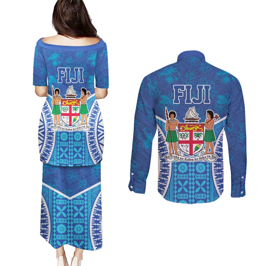 Fiji Day Couples Matching Puletasi and Long Sleeve Button Shirt Fijian Masi Tribal Hibiscus Tattoo and Tapa Pattern LT03 - Polynesian Pride