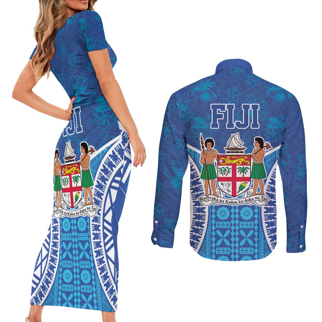 Fiji Day Couples Matching Short Sleeve Bodycon Dress and Long Sleeve Button Shirt Fijian Masi Tribal Hibiscus Tattoo and Tapa Pattern LT03 - Polynesian Pride