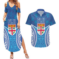 Fiji Day Couples Matching Summer Maxi Dress and Hawaiian Shirt Fijian Masi Tribal Hibiscus Tattoo and Tapa Pattern LT03 Blue - Polynesian Pride