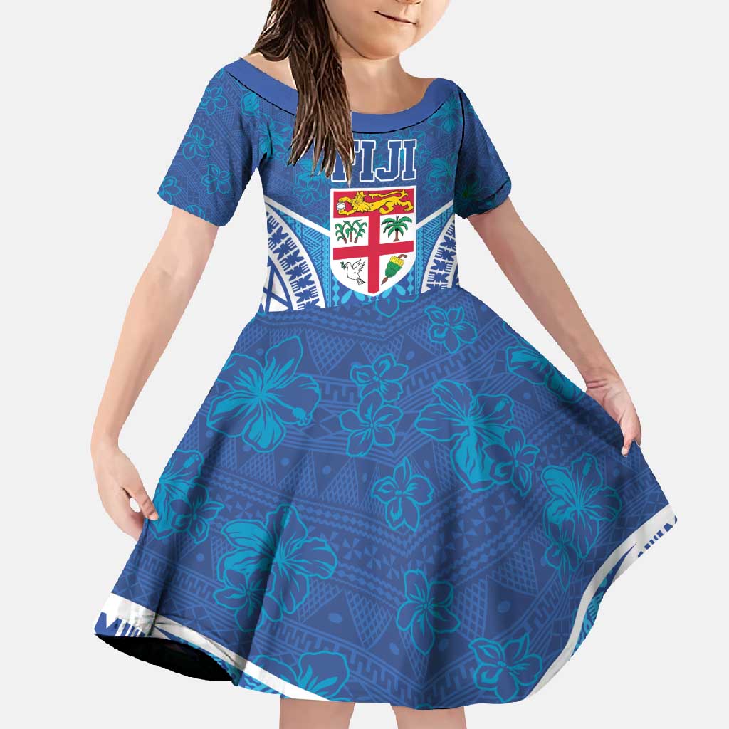 Fiji Day Family Matching Long Sleeve Bodycon Dress and Hawaiian Shirt Fijian Masi Tribal Hibiscus Tattoo and Tapa Pattern LT03 Daughter's Dress Blue - Polynesian Pride