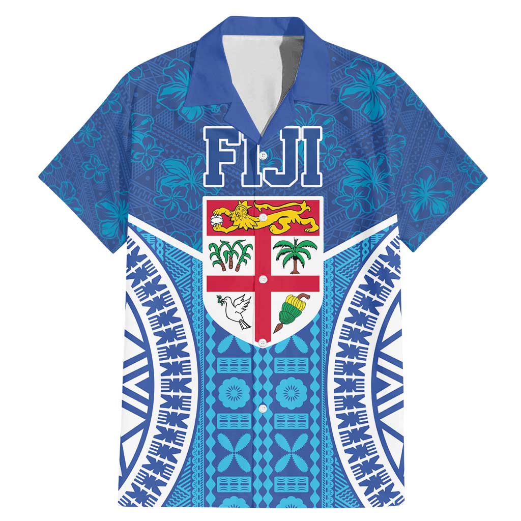Fiji Day Family Matching Mermaid Dress and Hawaiian Shirt Fijian Masi Tribal Hibiscus Tattoo and Tapa Pattern LT03 Dad's Shirt - Short Sleeve Blue - Polynesian Pride