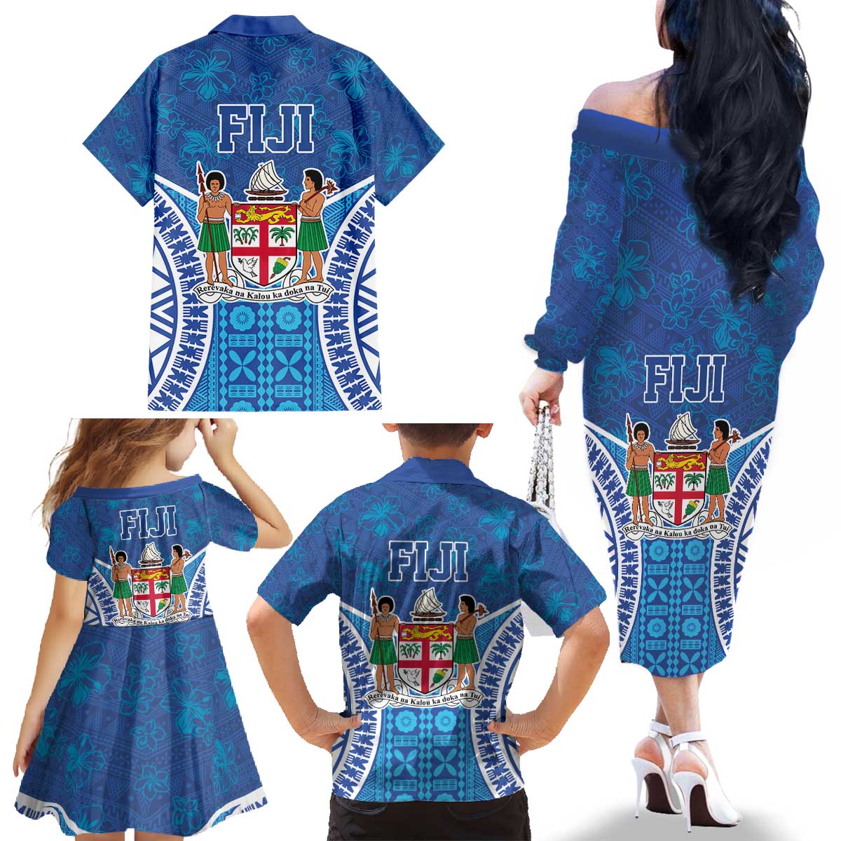 Fiji Day Family Matching Off The Shoulder Long Sleeve Dress and Hawaiian Shirt Fijian Masi Tribal Hibiscus Tattoo and Tapa Pattern LT03 - Polynesian Pride