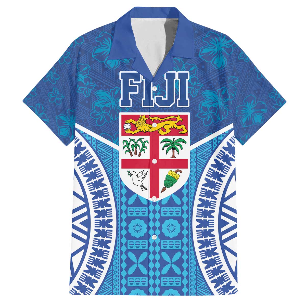Fiji Day Family Matching Off The Shoulder Long Sleeve Dress and Hawaiian Shirt Fijian Masi Tribal Hibiscus Tattoo and Tapa Pattern LT03 Dad's Shirt - Short Sleeve Blue - Polynesian Pride