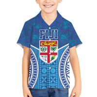 Fiji Day Family Matching Off Shoulder Maxi Dress and Hawaiian Shirt Fijian Masi Tribal Hibiscus Tattoo and Tapa Pattern LT03 Son's Shirt Blue - Polynesian Pride