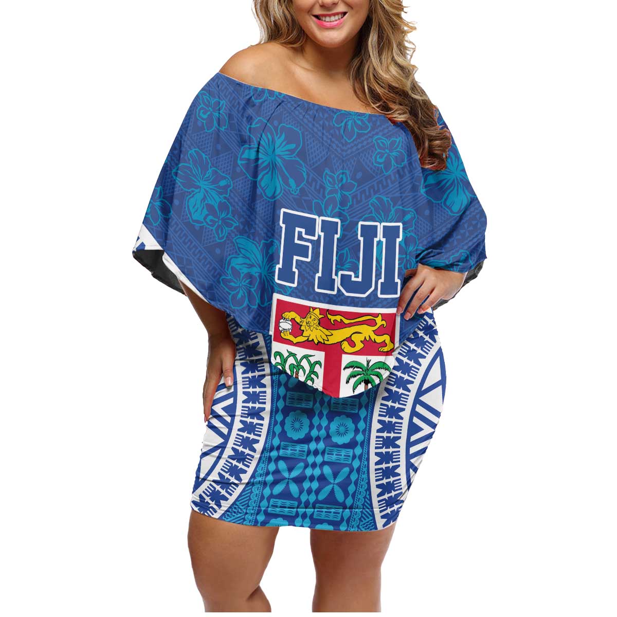 Fiji Day Family Matching Off Shoulder Short Dress and Hawaiian Shirt Fijian Masi Tribal Hibiscus Tattoo and Tapa Pattern LT03 Mom's Dress Blue - Polynesian Pride