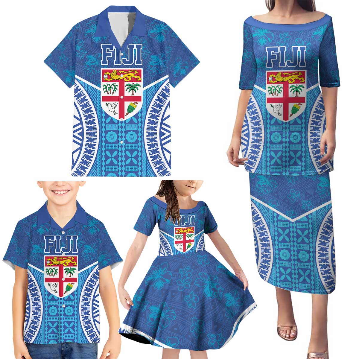 Fiji Day Family Matching Puletasi and Hawaiian Shirt Fijian Masi Tribal Hibiscus Tattoo and Tapa Pattern