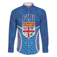 Fiji Day Family Matching Puletasi and Hawaiian Shirt Fijian Masi Tribal Hibiscus Tattoo and Tapa Pattern LT03 Dad's Shirt - Long Sleeve Blue - Polynesian Pride