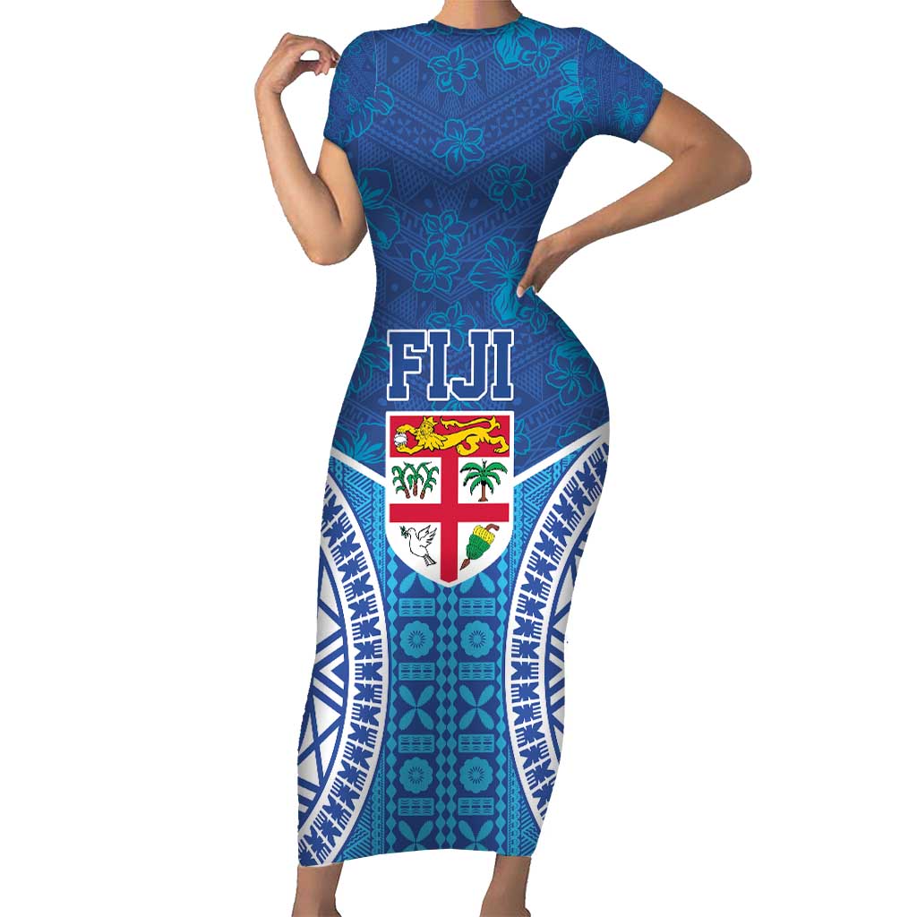 Fiji Day Family Matching Short Sleeve Bodycon Dress and Hawaiian Shirt Fijian Masi Tribal Hibiscus Tattoo and Tapa Pattern LT03 Mom's Dress Blue - Polynesian Pride