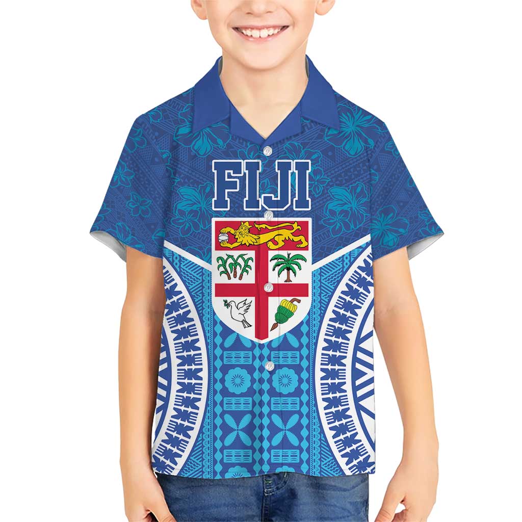 Fiji Day Family Matching Short Sleeve Bodycon Dress and Hawaiian Shirt Fijian Masi Tribal Hibiscus Tattoo and Tapa Pattern LT03 Son's Shirt Blue - Polynesian Pride