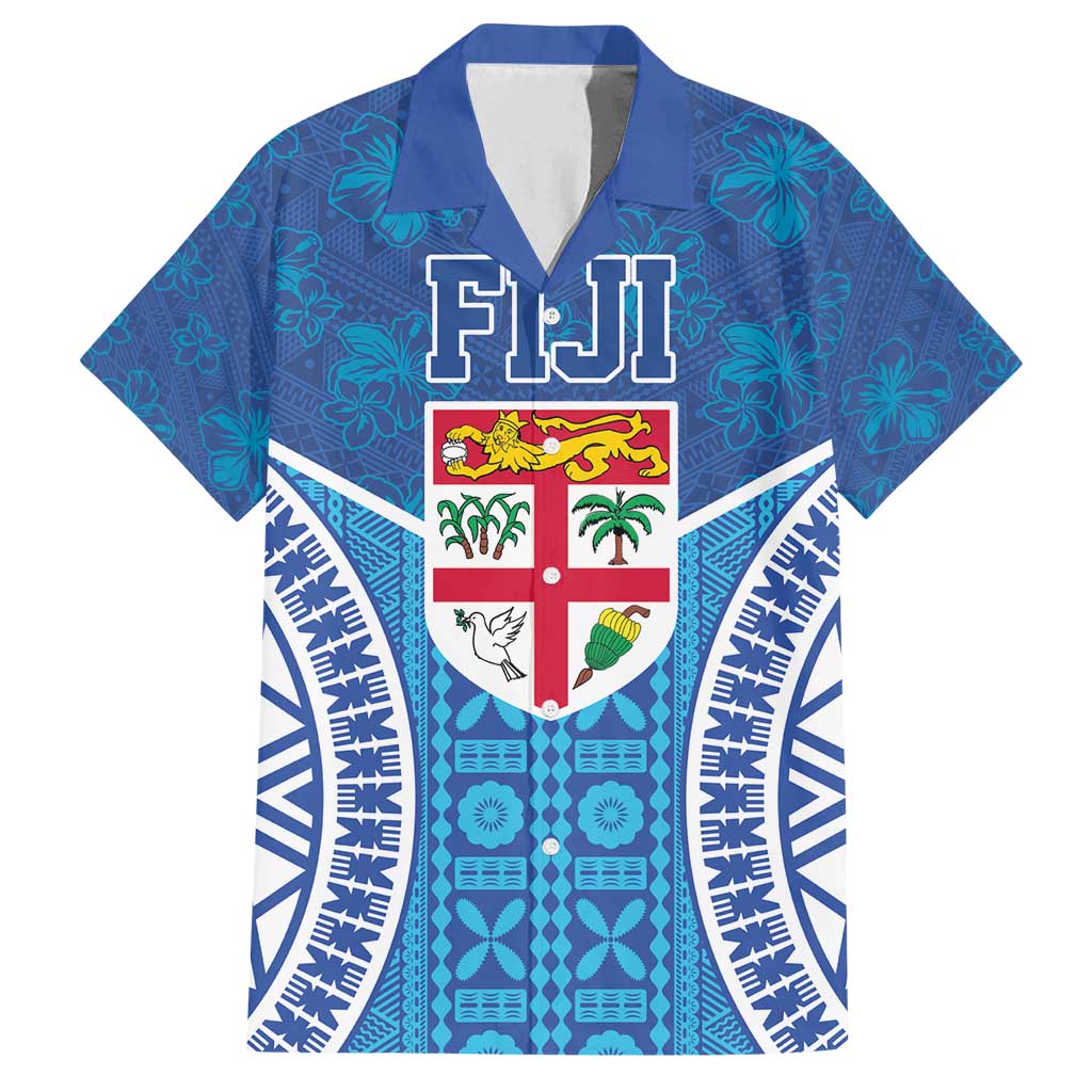 Fiji Day Family Matching Tank Maxi Dress and Hawaiian Shirt Fijian Masi Tribal Hibiscus Tattoo and Tapa Pattern LT03 Dad's Shirt - Short Sleeve Blue - Polynesian Pride