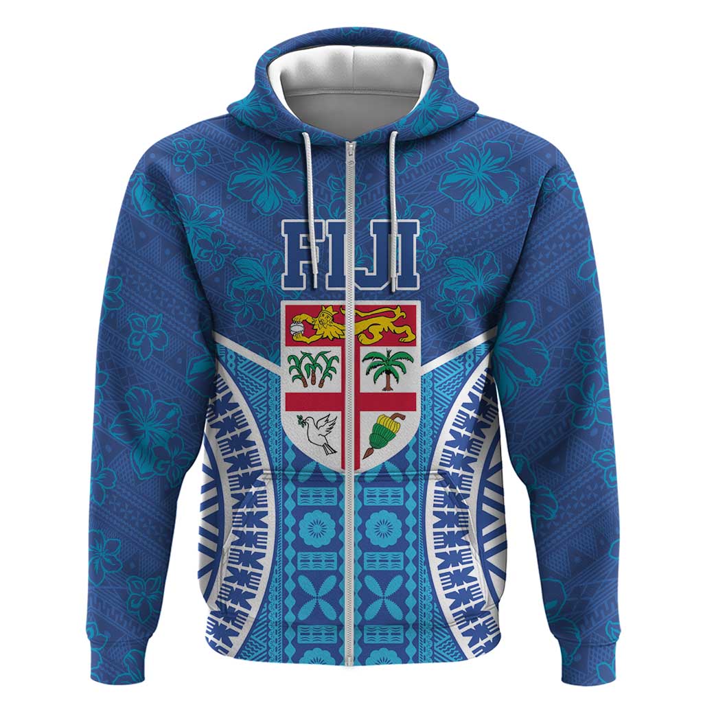 Fiji Day Hoodie Fijian Masi Tribal Hibiscus Tattoo and Tapa Pattern LT03 Zip Hoodie Blue - Polynesian Pride