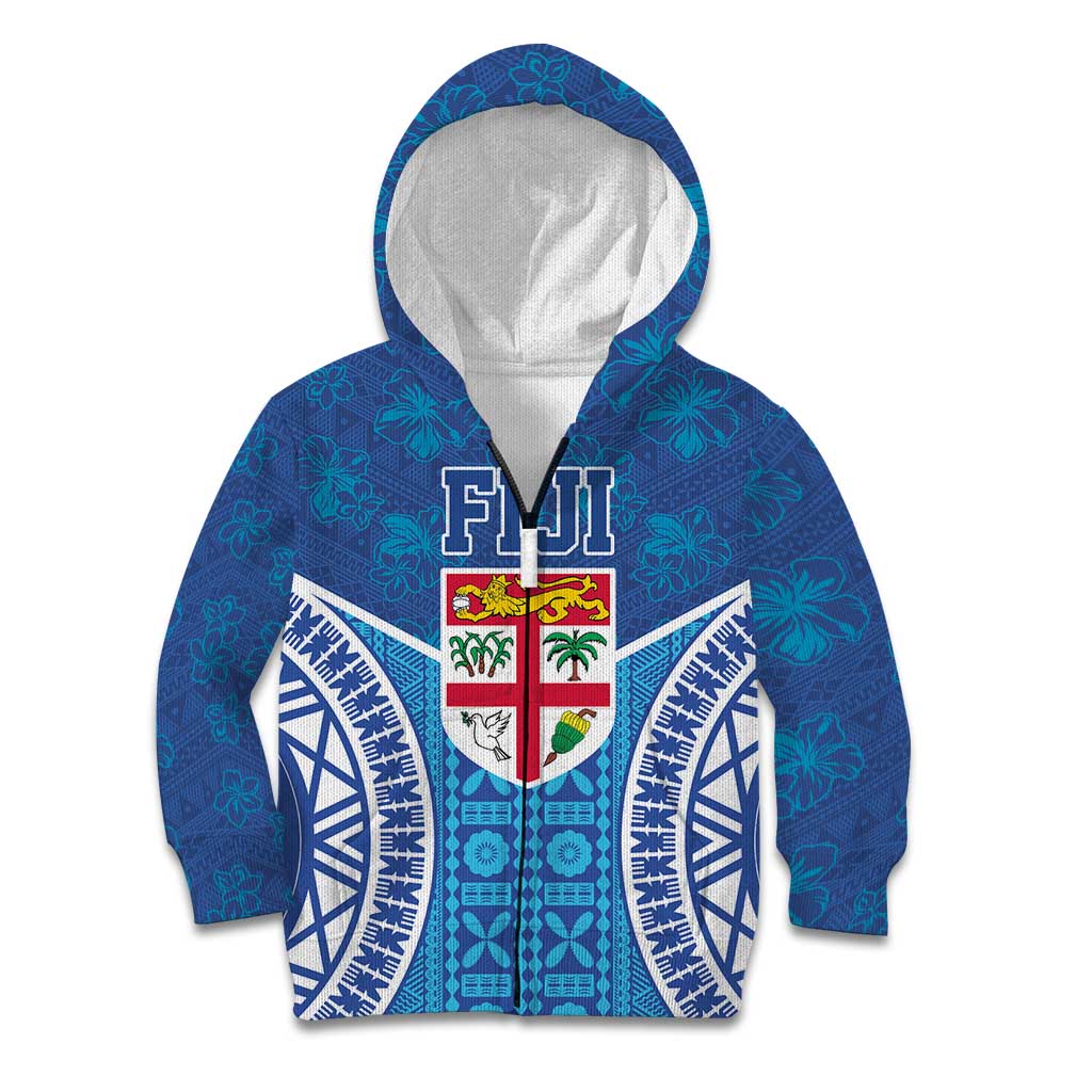 Fiji Day Kid Hoodie Fijian Masi Tribal Hibiscus Tattoo and Tapa Pattern LT03 Zip Hoodie Blue - Polynesian Pride