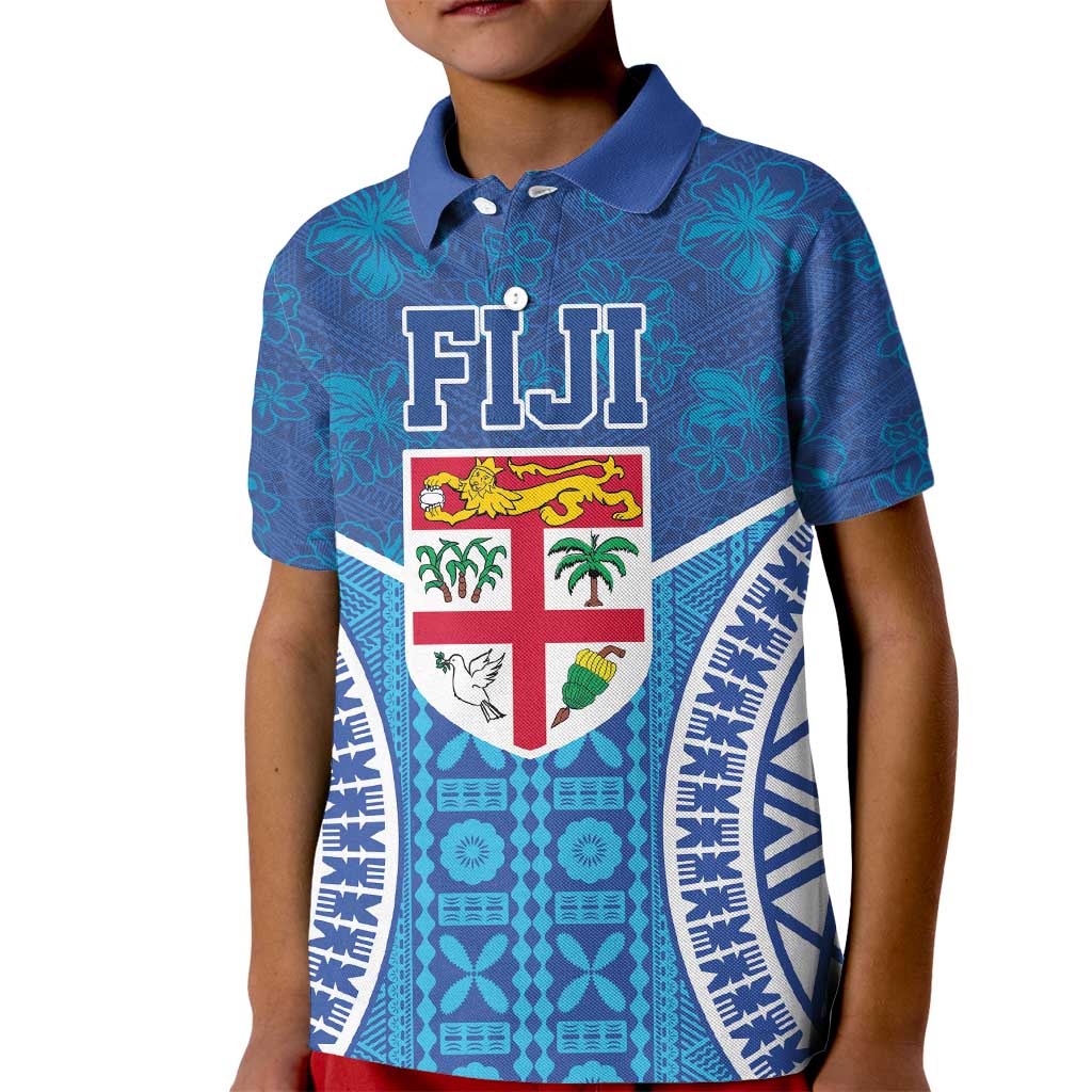 Fiji Day Kid Polo Shirt Fijian Masi Tribal Hibiscus Tattoo and Tapa Pattern LT03 Kid Blue - Polynesian Pride