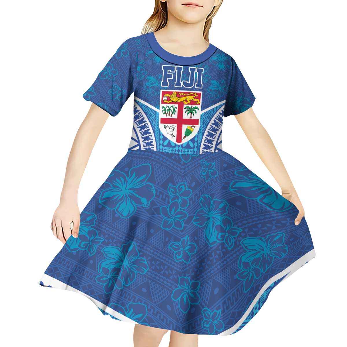 Fiji Day Kid Short Sleeve Dress Fijian Masi Tribal Hibiscus Tattoo and Tapa Pattern LT03 - Polynesian Pride