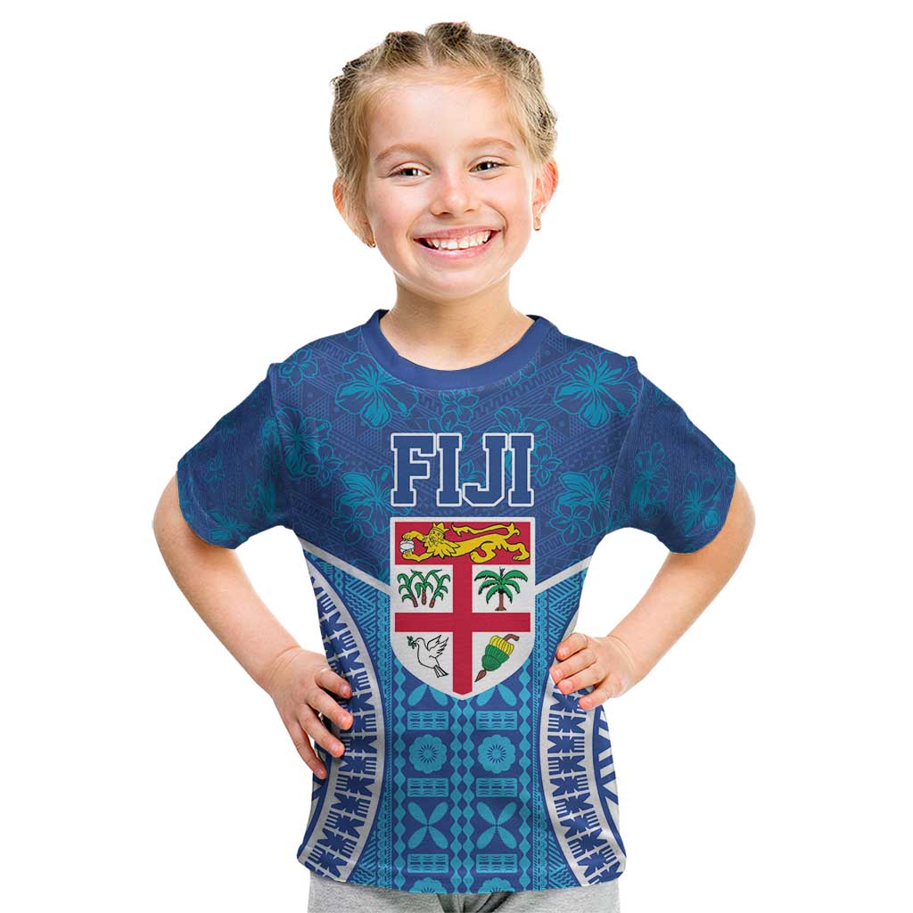 Fiji Day Kid T Shirt Fijian Masi Tribal Hibiscus Tattoo and Tapa Pattern LT03 Blue - Polynesian Pride