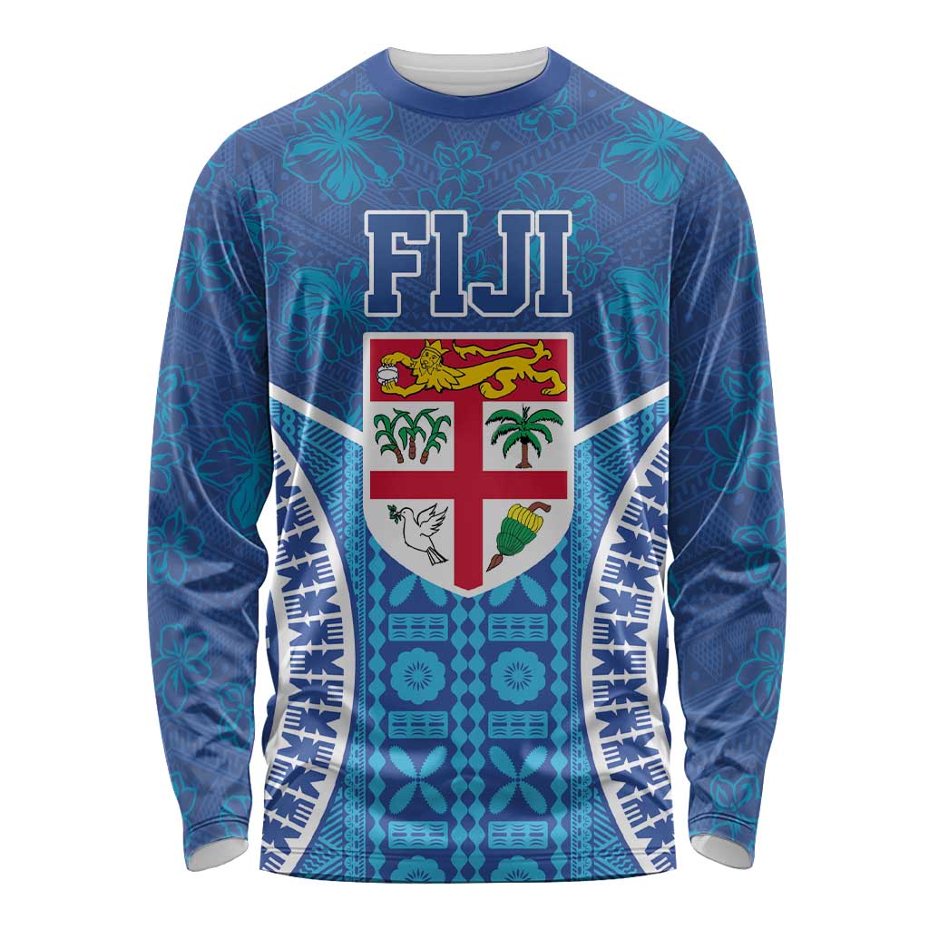 Fiji Day Long Sleeve Shirt Fijian Masi Tribal Hibiscus Tattoo and Tapa Pattern LT03 Unisex Blue - Polynesian Pride