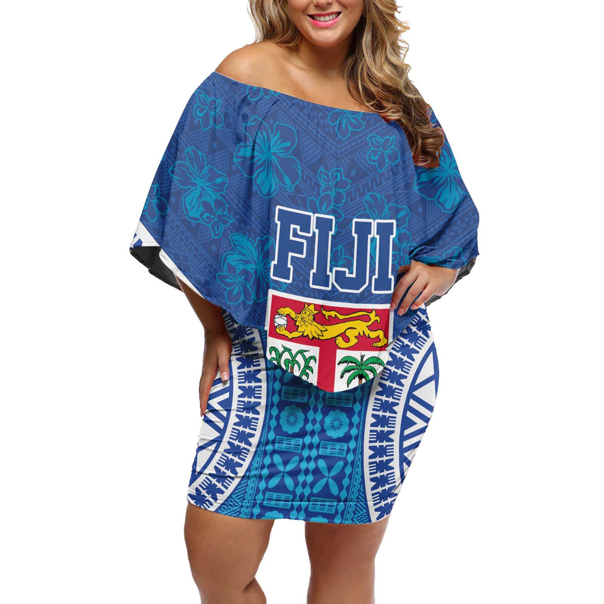 Fiji Day Off Shoulder Short Dress Fijian Masi Tribal Hibiscus Tattoo and Tapa Pattern LT03 Women Blue - Polynesian Pride