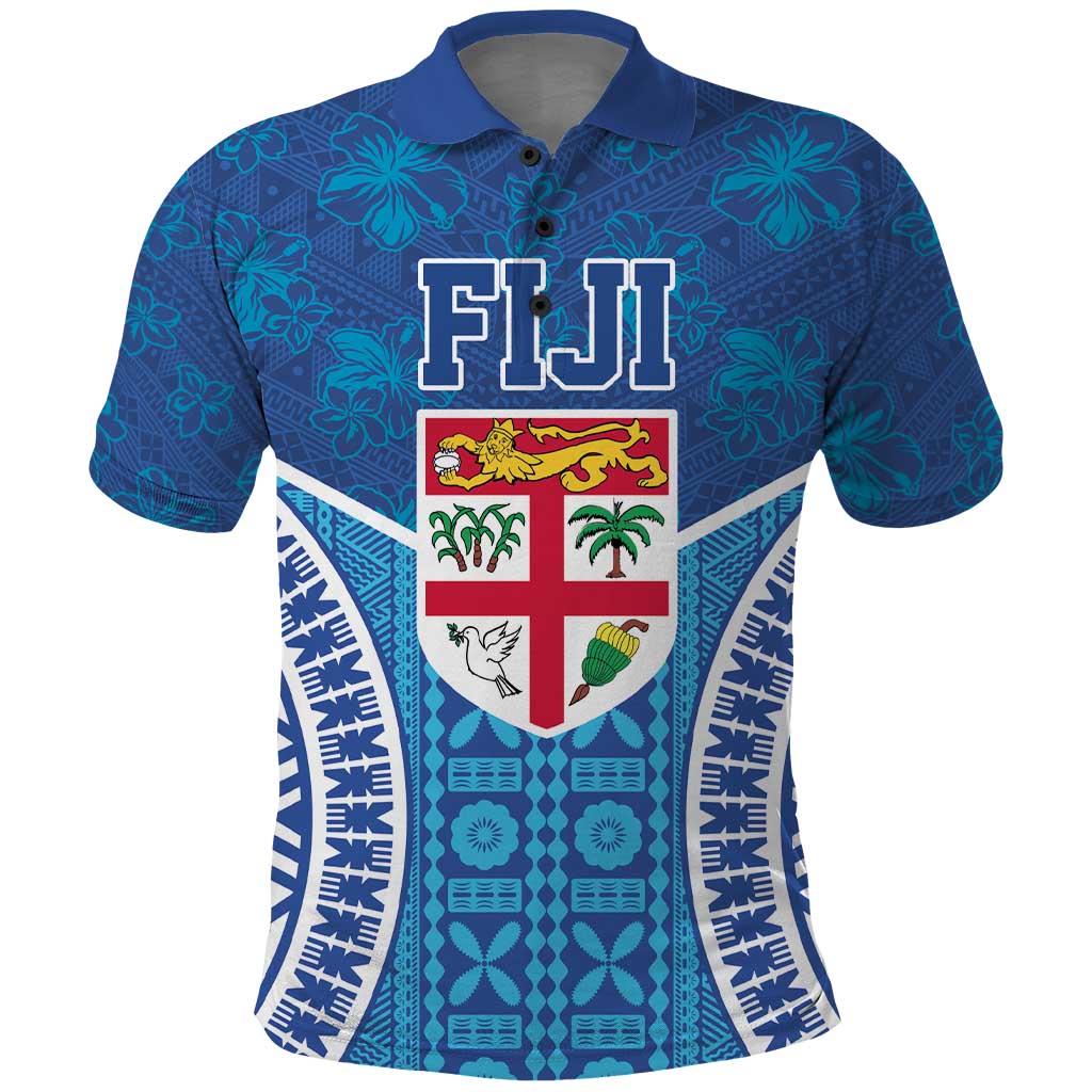Fiji Day Polo Shirt Fijian Masi Tribal Hibiscus Tattoo and Tapa Pattern LT03 Blue - Polynesian Pride
