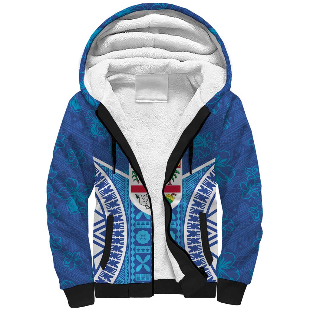 Fiji Day Sherpa Hoodie Fijian Masi Tribal Hibiscus Tattoo and Tapa Pattern LT03 Unisex Blue - Polynesian Pride