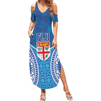 Fiji Day Summer Maxi Dress Fijian Masi Tribal Hibiscus Tattoo and Tapa Pattern LT03 Women Blue - Polynesian Pride