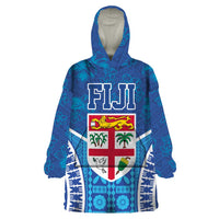 Fiji Day Wearable Blanket Hoodie Fijian Masi Tribal Hibiscus Tattoo and Tapa Pattern LT03 One Size Blue - Polynesian Pride