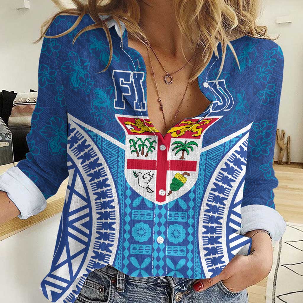 Fiji Day Women Casual Shirt Fijian Masi Tribal Hibiscus Tattoo and Tapa Pattern LT03 Female Blue - Polynesian Pride