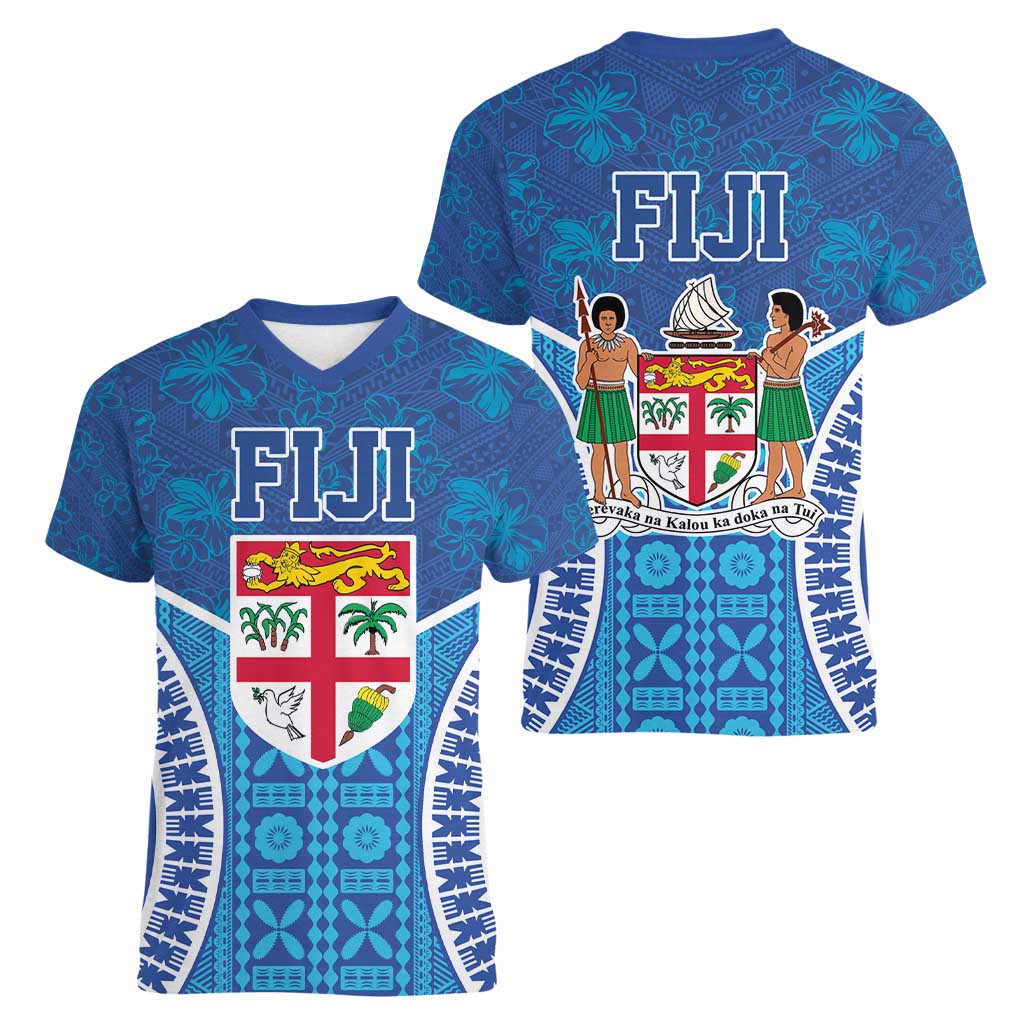 Fiji Day Women V-Neck T-Shirt Fijian Masi Tribal Hibiscus Tattoo and Tapa Pattern LT03 - Polynesian Pride