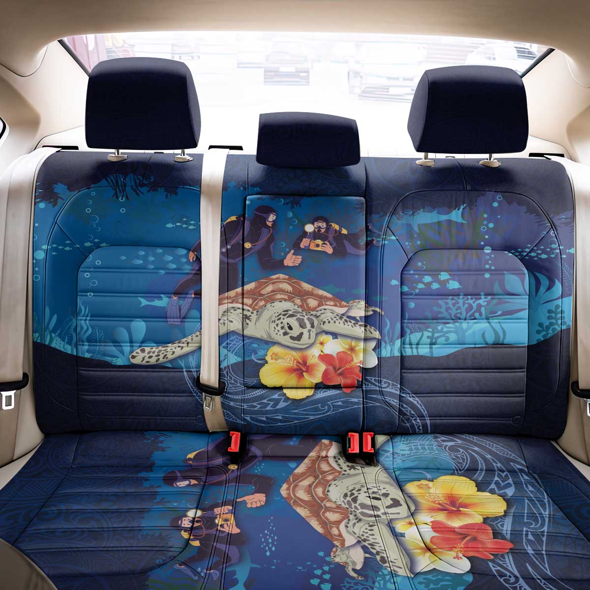 Polynesian Scuba Diving Back Car Seat Cover Honu with Hibiscus and Plumeria Flower and Tapa Tribal Pattern LT03 - Polynesian Pride