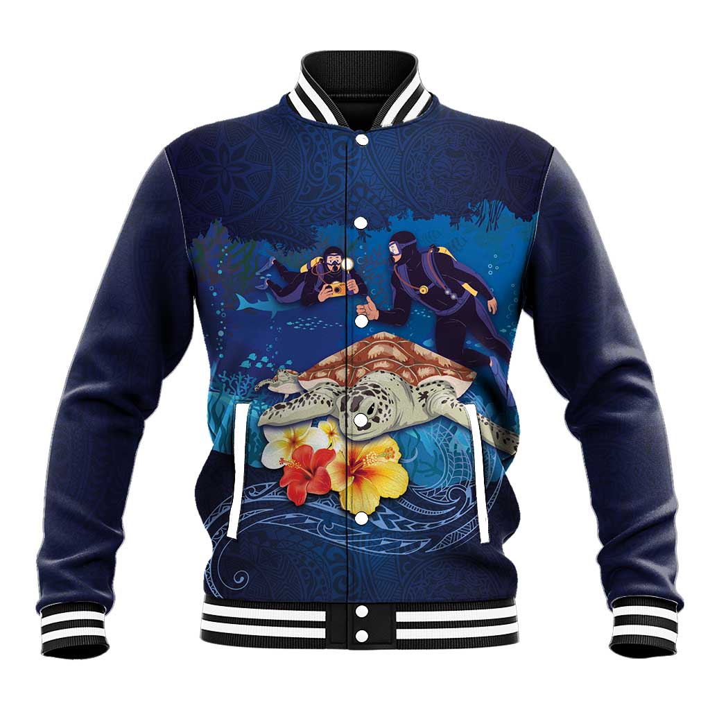 Polynesian Scuba Diving Baseball Jacket Honu with Hibiscus and Plumeria Flower and Tapa Tribal Pattern LT03 Unisex Blue - Polynesian Pride