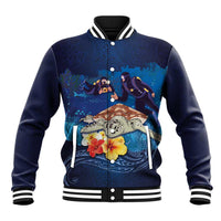 Polynesian Scuba Diving Baseball Jacket Honu with Hibiscus and Plumeria Flower and Tapa Tribal Pattern LT03 Unisex Blue - Polynesian Pride