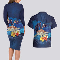 Polynesian Scuba Diving Couples Matching Long Sleeve Bodycon Dress and Hawaiian Shirt Honu with Hibiscus and Plumeria Flower and Tapa Tribal Pattern LT03 - Polynesian Pride