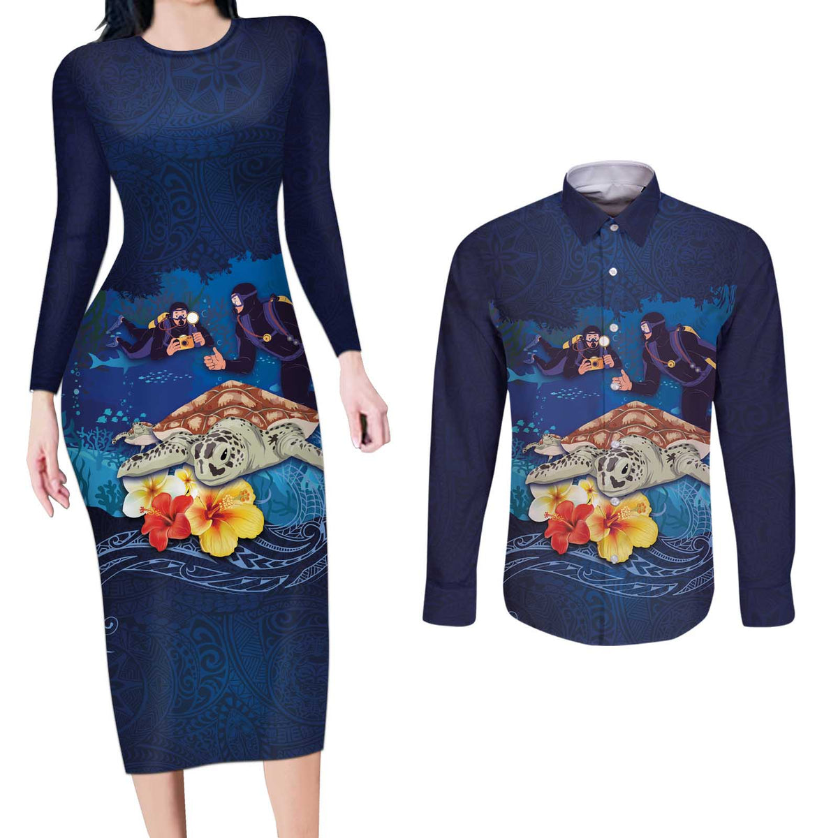 Polynesian Scuba Diving Couples Matching Long Sleeve Bodycon Dress and Long Sleeve Button Shirt Honu with Hibiscus and Plumeria Flower and Tapa Tribal Pattern LT03 Blue - Polynesian Pride