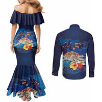 Polynesian Scuba Diving Couples Matching Mermaid Dress and Long Sleeve Button Shirt Honu with Hibiscus and Plumeria Flower and Tapa Tribal Pattern LT03 - Polynesian Pride