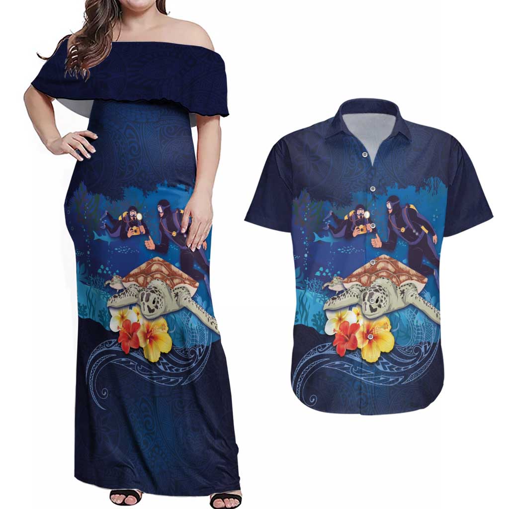 Polynesian Scuba Diving Couples Matching Off Shoulder Maxi Dress and Hawaiian Shirt Honu with Hibiscus and Plumeria Flower and Tapa Tribal Pattern LT03 Blue - Polynesian Pride