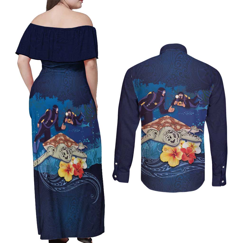 Polynesian Scuba Diving Couples Matching Off Shoulder Maxi Dress and Long Sleeve Button Shirt Honu with Hibiscus and Plumeria Flower and Tapa Tribal Pattern LT03 - Polynesian Pride