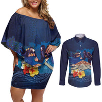 Polynesian Scuba Diving Couples Matching Off Shoulder Short Dress and Long Sleeve Button Shirt Honu with Hibiscus and Plumeria Flower and Tapa Tribal Pattern LT03 Blue - Polynesian Pride