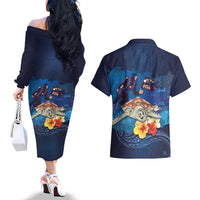 Polynesian Scuba Diving Couples Matching Off The Shoulder Long Sleeve Dress and Hawaiian Shirt Honu with Hibiscus and Plumeria Flower and Tapa Tribal Pattern LT03 - Polynesian Pride