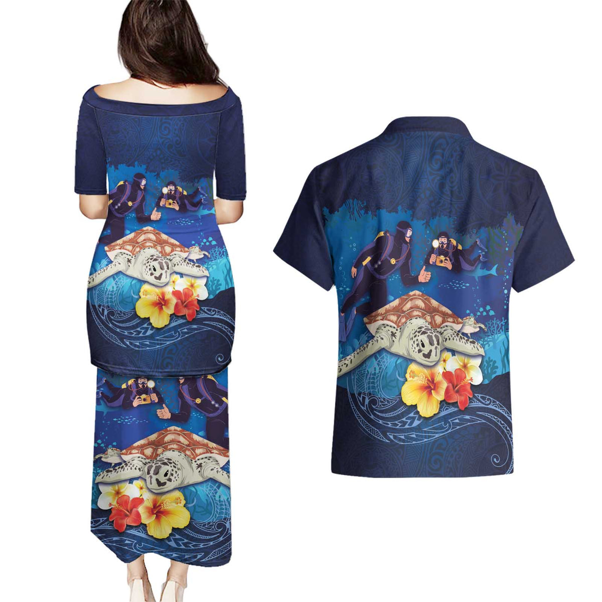 Polynesian Scuba Diving Couples Matching Puletasi and Hawaiian Shirt Honu with Hibiscus and Plumeria Flower and Tapa Tribal Pattern LT03 - Polynesian Pride
