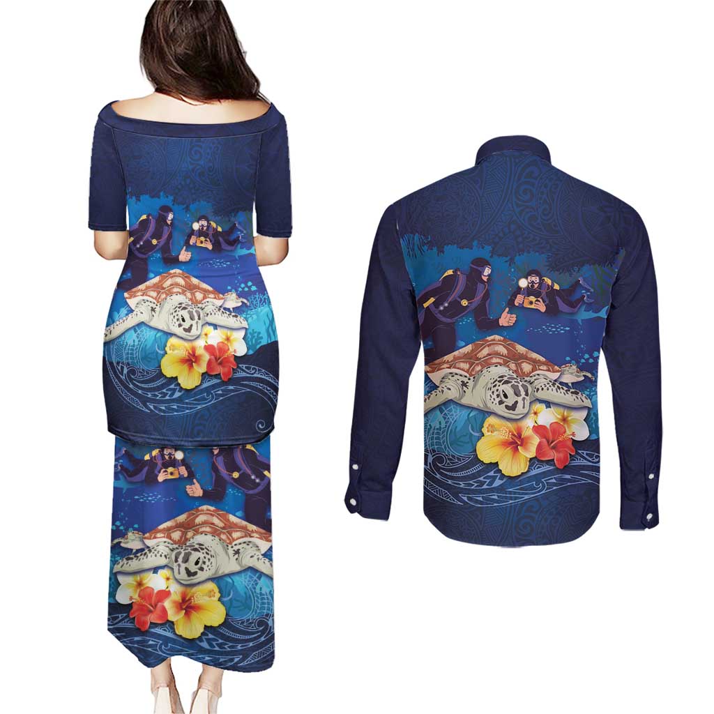 Polynesian Scuba Diving Couples Matching Puletasi and Long Sleeve Button Shirt Honu with Hibiscus and Plumeria Flower and Tapa Tribal Pattern LT03 - Polynesian Pride