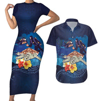 Polynesian Scuba Diving Couples Matching Short Sleeve Bodycon Dress and Hawaiian Shirt Honu with Hibiscus and Plumeria Flower and Tapa Tribal Pattern LT03 Blue - Polynesian Pride