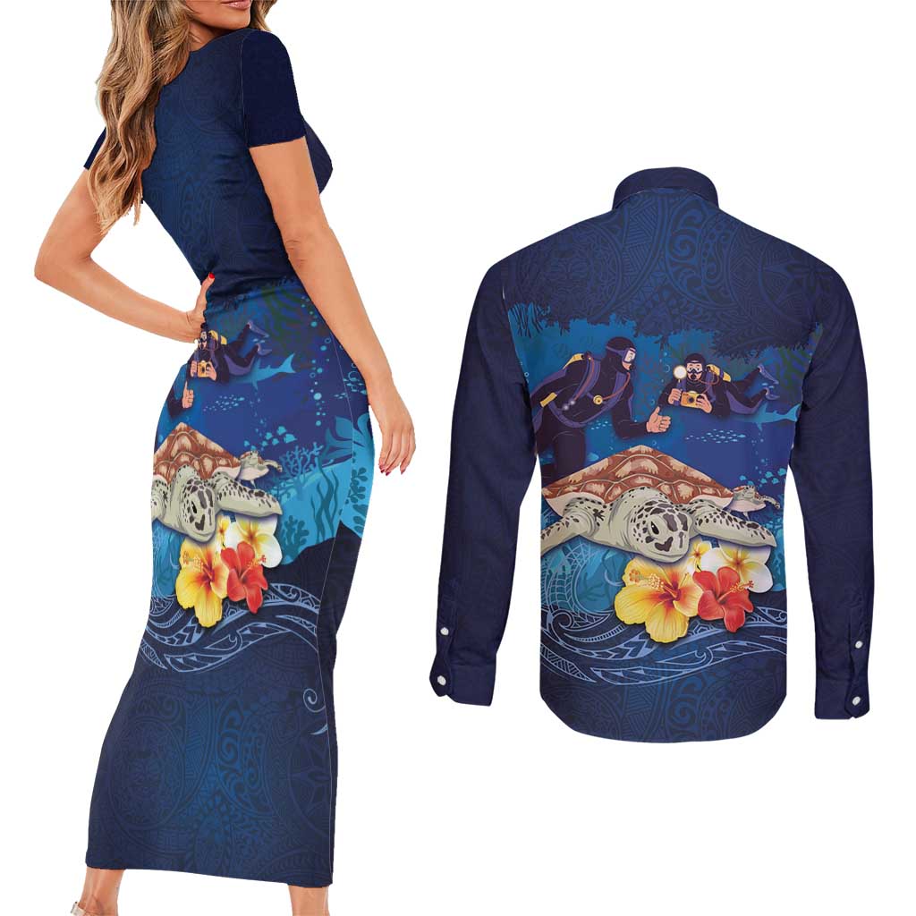 Polynesian Scuba Diving Couples Matching Short Sleeve Bodycon Dress and Long Sleeve Button Shirt Honu with Hibiscus and Plumeria Flower and Tapa Tribal Pattern LT03 - Polynesian Pride