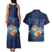 Polynesian Scuba Diving Couples Matching Tank Maxi Dress and Hawaiian Shirt Honu with Hibiscus and Plumeria Flower and Tapa Tribal Pattern LT03 - Polynesian Pride